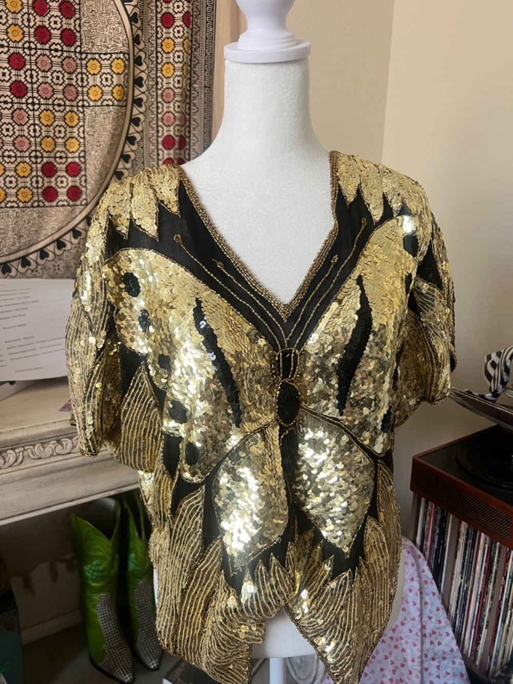 Silk Butterfly Blouse Lining Yellow Sequins Antique